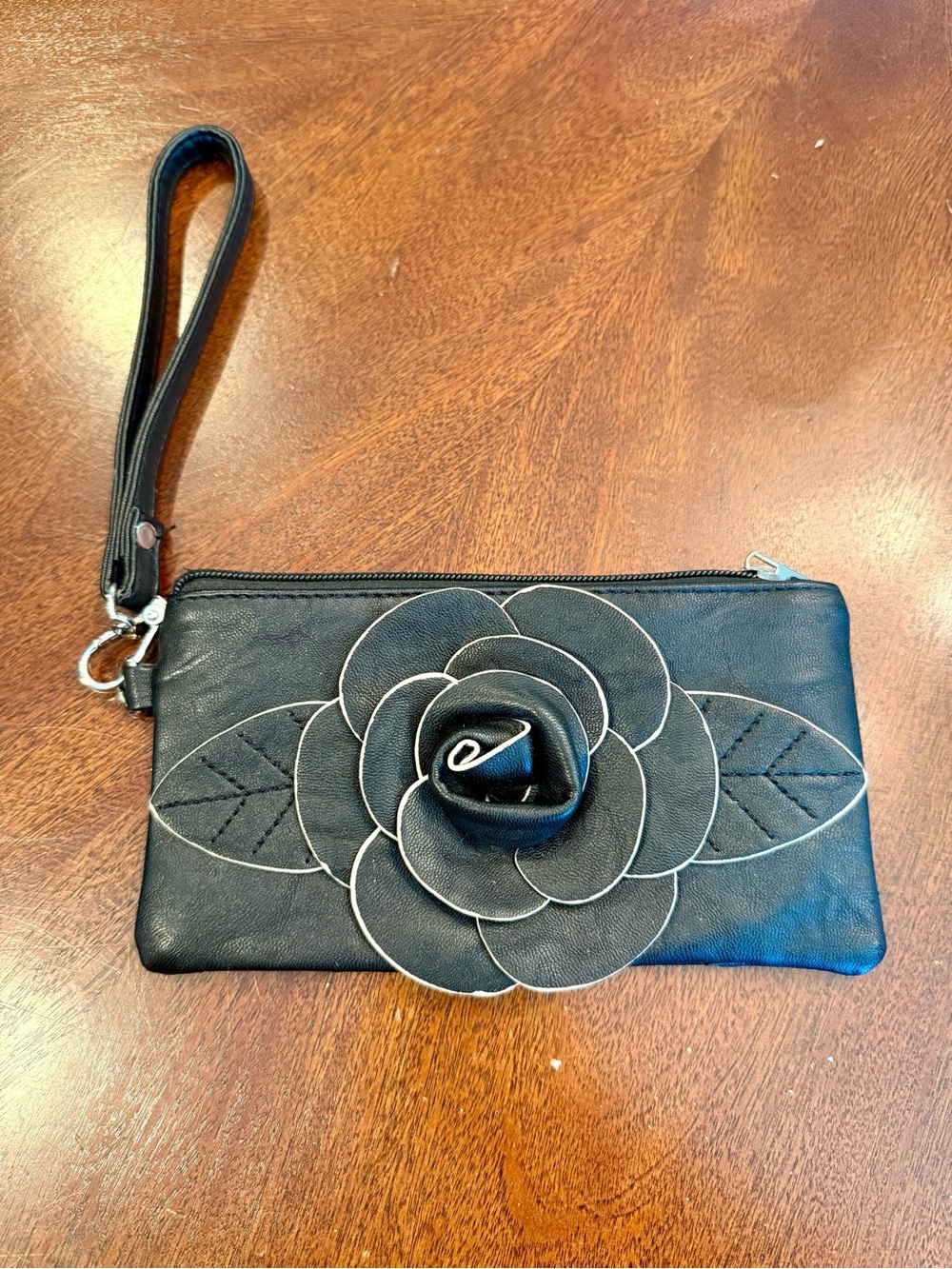 Black Floral Appliqué Wristlet Clutch